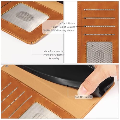 Wallet Case for Samsung Galaxy A17, RFID Blocking (Brown) | 4 card slots with ID window, cash pocket, wrist strap, stand function, magnetic closure, flip PU leather, TPU inner shell - color: Brown