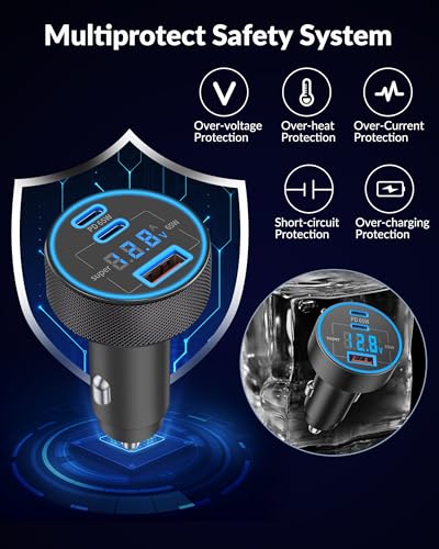 130W 3-Port USB C Super Fast Car Charger (with Voltage Display) for Samsung
