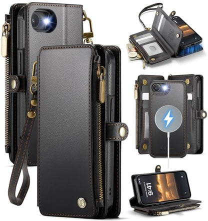 Defencase for iPhone 17e/16e Case Wallet Compatible with Magsafe, Black | Drop-Proof Magnetic Detachable Phone Cases Cover, with RFID Bolcking Card Holder, Zipper Strap, PU Leather, Removable Wallet - color: (Detachable with Magsafe)-Black