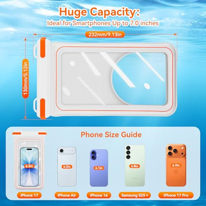 Waterproof Phone Pouch, IPX8 Floating Case up to 7.1" | Touchscreen TPU Window, 4-Chamber Airbag, Lanyard, for iPhone 17/16/15/14Pro Max, Samsung S24/25 Ultra, Beach, Cruise & Kayak - color: WHITE 1PACK