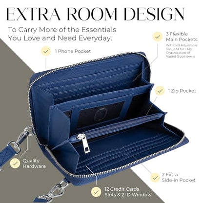 BULL GUARD Crossbody Bag for Women, Leather Phone Wallet Purse with Adjustable Anti Theft Strap & RFID Blocking 12 Card Slots - color: Xtraroom in Sapphire Blue Sunset Refresher