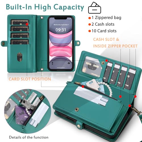 for Wallet Case Compatible with iPhone 11,Multi-Function Detachable 2 in 1 Magnetic iPhone 11 Wallet,Flip Strap Zipper Card Holder Phone Case with Shoulder Straps (Green) - color: Green, size: iPhone 11