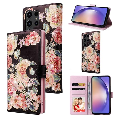UEEBAI Wallet Case for Samsung Galaxy S23 Ultra 5G, PU Leather Phone Case Kickstand RFID Blocking Flip Case with Card Slots Wrist Strap Relief Engraved Pattern Magnetic Closure Folio Case - Black Rose - color: Black Rose, size: Samsung Galaxy S23 Ultra 5G