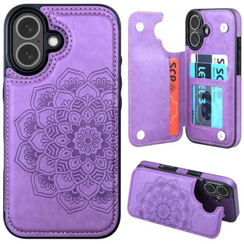 MMHUO for iPhone 16 Case with Card Holder,Flower Magnetic Buttons Protective Wallet Case for Women for iPhone 16 (6.1 Inch),Purple - color: Purple, size: for iPhone 16 6.1"-(S)(Two Cameras)