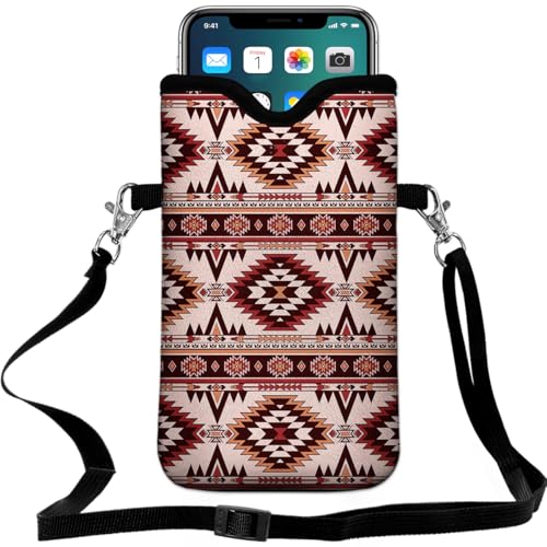 Neoprene Cell Phone Pouch 7.5 X 4.3 in Cloth Mobile Protection Case Bag with Crossbody Strap Neck Lanyard Cell Phone Case Bronze Aztec Style - color: Bronze Aztec Style