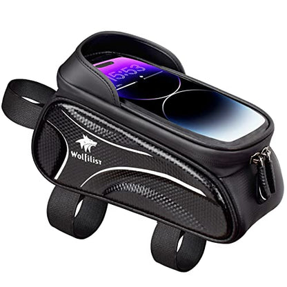 WOLFILIST Bike Frame Bag - Waterproof Bicycle Phone Holder Bike Accessories | 3D EVA Hard Shell with TPU Touchscreen & Rain Cover, Fits 7" Phones 1.5/2L Large Capacity Straps for Bike/E-Bike Adult Gifts