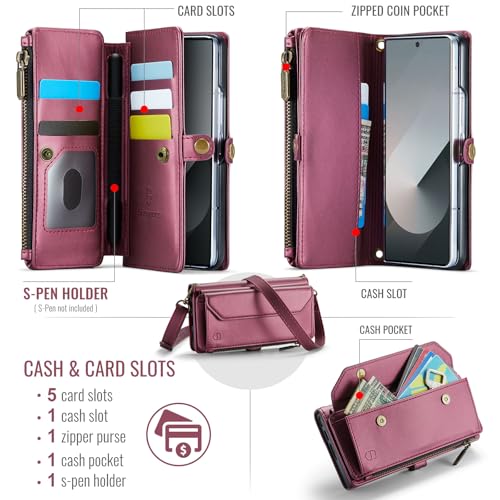 Strapurs Crossbody Wallet Case Compatible with Samsung Galaxy Z Fold 6 with RFID Blocking Card Holder & Pen Holder Slot Soft PU Leather Shoulder Strap Zipper Pocket Purse Fold 6 Phone Case, Wine Red | RFID Blocking 5-Card Holder, Shoulder Lanyard, Wirst S