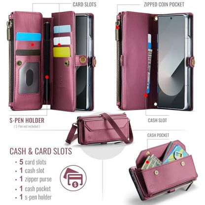 Strapurs Crossbody Wallet Case Compatible with Samsung Galaxy Z Fold 6 with RFID Blocking Card Holder & Pen Holder Slot Soft PU Leather Shoulder Strap Zipper Pocket Purse Fold 6 Phone Case, Wine Red | RFID Blocking 5-Card Holder, Shoulder Lanyard, Wirst S