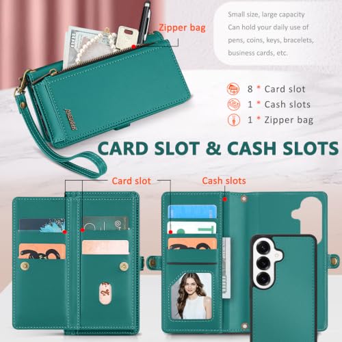 for Samsumg Galaxy S25 Wallet Case, Detachable Magnetic Shockproof Phone Case,Faux Leather Crossbody Wallet,with RFID Blocking，Zipper Card Holder，Shoulder Strap (Green) - color: Green, size: Samsumg Galaxy S25