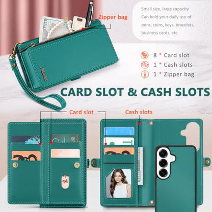 for Samsumg Galaxy S25 Wallet Case, Detachable Magnetic Shockproof Phone Case,Faux Leather Crossbody Wallet,with RFID Blocking，Zipper Card Holder，Shoulder Strap (Green) - color: Green, size: Samsumg Galaxy S25