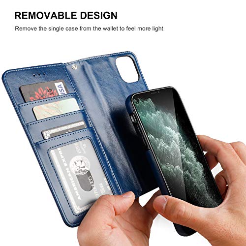 Bocasal Detachable Wallet Case Card Holder for iPhone 11, Blue | Kickstand Card Slots Holder PU Leather Magnetic Shockproof Wrist Strap Removable Flip Protective Cover 6.1 inch - color: Blue