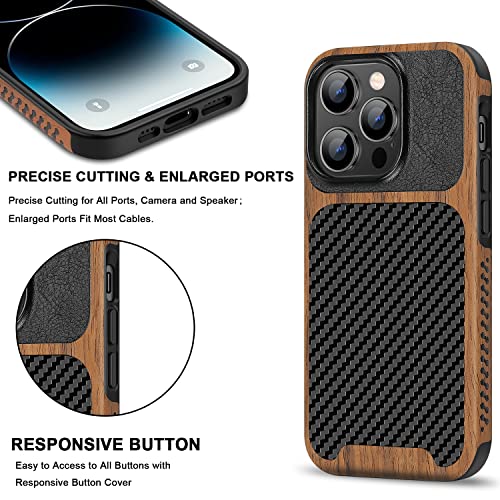 TENDLIN Magnetic Case Compatible with iPhone 14 Pro Case Wood Grain with Carbon Fiber Texture Design Leather Hybrid Slim Cover (Compatible with MagSafe) - color: Magnetic Black, size: iPhone 14 Pro