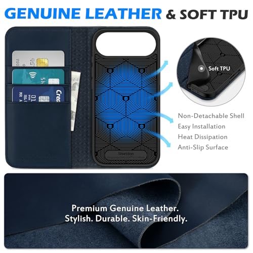 SHIELDON Genuine Leather Wallet Case for iPhone Air 6.5" 2025, Navy Blue | Magnetic Closure, RFID Blocking, Credit Card Holder, Kickstand, Folio Design, Shockproof Protective Cover - color: Navy Blue