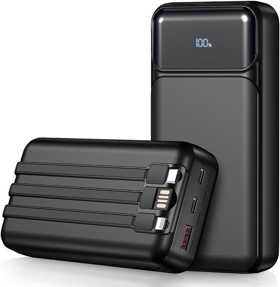 Portable Charger 20000mAh with Built-in Cables for iPhone/Android, 22.5W Fast Charging Power Bank, Lightweight External Battery Pack - color: Antique Black