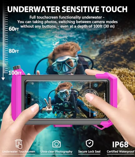 Underwater Phone Case for Snorkeling - Waterproof Touchscreen Diving Housing, Universal Underwater Phone Case for iPhone 16/15/14/13 Pro Max Samsung Galaxy S26/S25/S24 Ultra Up to 6.9'' (Hot Pink) - color: Hot Pink