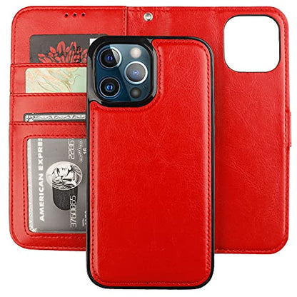Bocasal Detachable Wallet Case Card Holder for iPhone 13 Pro Max Red | RFID Blocking Kickstand Card Slots Holder PU Leather Magnetic Shockproof Wrist Strap Removable Flip Protective Cover 6.7 inch - color: Red