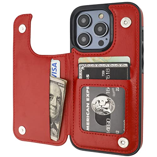 ONETOP for iPhone 14 Pro Wallet Case with Credit Card Holder,Red | Kickstand,ID/Cash Holder,Case Wallet with Card Slots,Double Magnetic Clasp,Durable PU Leather Shockproof Cover for Women Men - color: Red