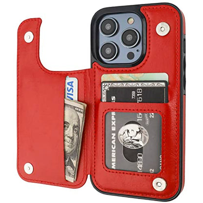 ONETOP for iPhone 14 Pro Wallet Case with Credit Card Holder,Red | Kickstand,ID/Cash Holder,Case Wallet with Card Slots,Double Magnetic Clasp,Durable PU Leather Shockproof Cover for Women Men - color: Red