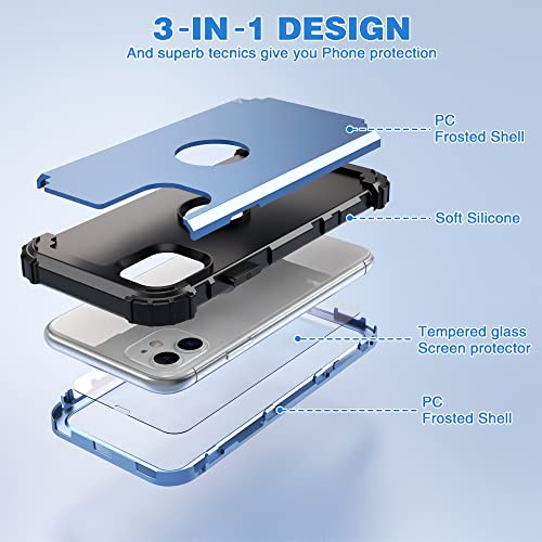 IDweel for iPhone 11 Case with Screen Protector(Tempered Glass), Hybrid 3 in 1 Shockproof Slim Fit Heavy Duty Protection Hard PC Cover Soft Silicone Bumper Full Body Case,Peace Blue/Black - color: Peace Blue/Black