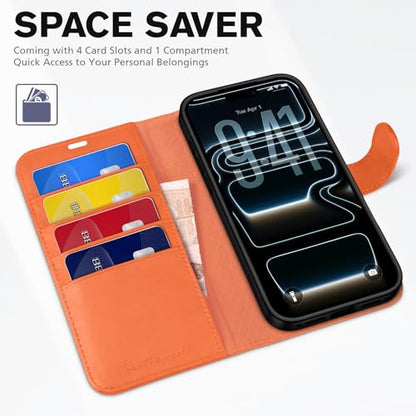 TUCCH Wallet Case for iPhone 17 Pro (6.3") 2025, 4 Card Slots, Orange | RFID Blocking, Viewing Stand, Shockproof TPU Shell, PU Leather, Magnetic Closure, Protective Folio Flip Cover - color: Orange