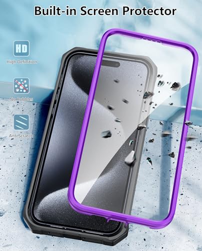 FNTCASE for iPhone 15 Pro Case with Belt Clip, Rugged Kickstand | Built-in Screen Protector, Military-Grade Drop Protection, Heavy Duty Shockproof Holster Protective Cover - color: T-Purple
