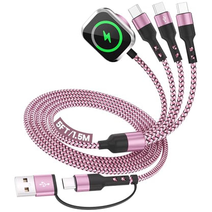 Travel Essentials, 3 USB C Multi Charging Cable with iWatch Charger for Car - color: Blush Pink, size: 1Pack5FT