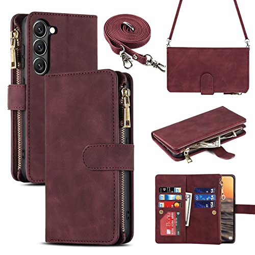 iCoverCase for Samsung Galaxy S23 Wallet Case with Card Holder, Kickstand Feature PU Leather Case with Adjustable Crossbody Lanyard Magnetic Clasp Zipper Pocket Flip Cover (Claret) - color: Claret, size: Galaxy S23