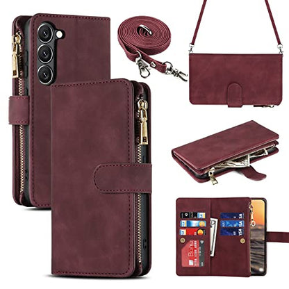 iCoverCase for Samsung Galaxy S23 Wallet Case with Card Holder, Kickstand Feature PU Leather Case with Adjustable Crossbody Lanyard Magnetic Clasp Zipper Pocket Flip Cover (Claret) - color: Claret, size: Galaxy S23