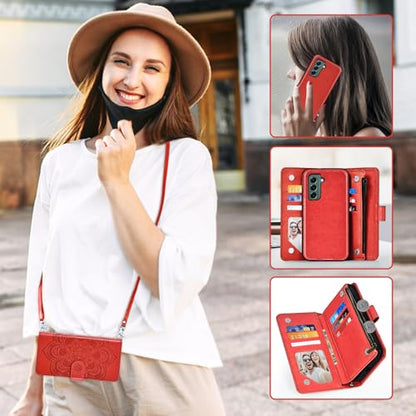 Asuwish Phone Case for Samsung Galaxy S22 5G Zipper Wallet Detachable Cell Cover with Tempered Glass Screen Protector Crossbody Lanyard Strap Flower Card Holder S 22 22S 4G G5 6.1 inch Women Girls Red - color: Red