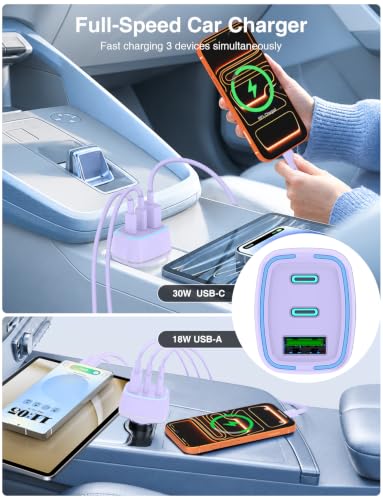 75W USB C Car Charger, 3-Port Super Fast Charging Cigarette Lighte - color: Purple
