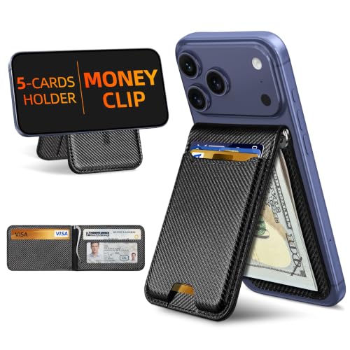 For Magsafe Wallet with Money Clip, 5 Card Holder, Adjustable Stand | Strongest Magnetic Wallet for iPhone 17/16/15/14/13/12 Series, ID Window, Vegan Leather, Not for Mini, Black Carbon Fiber - color: Black Carbon Fiber