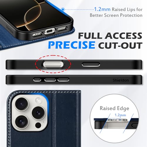 SHIELDON Genuine Leather Wallet Case for iPhone 16 Pro Max, Retro Dark Blue | RFID Blocking, Credit Card Holder, Magnetic Closure, Kickstand, Folio Design, Soft Shock-Absorbent Phone Cover - color: Retro Dark Blue