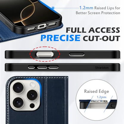 SHIELDON Genuine Leather Wallet Case for iPhone 16 Pro Max, Retro Dark Blue | RFID Blocking, Credit Card Holder, Magnetic Closure, Kickstand, Folio Design, Soft Shock-Absorbent Phone Cover - color: Retro Dark Blue