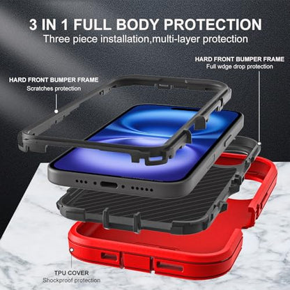 YKHJKLEC for iPhone 16 Case, Compatible with Magsafe, Military Grade 3 in 1 Heavy Duty Shockproof/Drop Proof/Dust Proof Case with 2Pcs Tempered Glass Screen Protector (New-Red/Black) - color: New-Red/Black