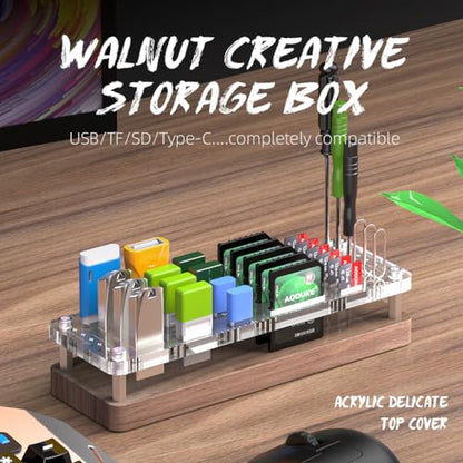 29 Slot Wooden Memory Card Case and USB Drive Organizer with Screwdriver and SIM Card Ejector - F02MY - color: pure walnut wood + transparent acrylic