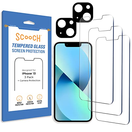 Scooch® Tempered Glass Multipack for iPhone 13, 3 Screen Protectors and 2 Camera Lens Protectors, Premium 9H Tempered Glass, Anti-Scratch, Anti-Fingerprint, Impact Resistant - size: iPhone 13