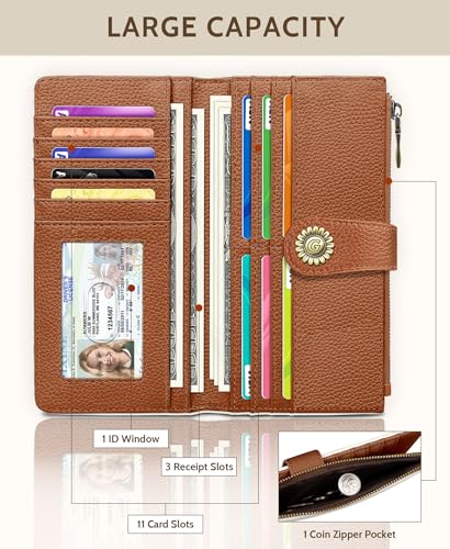 GIANCOMICS White Caramel Womens Wallet RFID, Long Credit Card Holder Bifold | Billfold, Cute Cash Purse, Travel Zipper Coin Pocket, Compact Clutch, PU Leather, ID Window, 11 Card Slots, Ladies Gift Woman - color: A Beige and Pumpkin