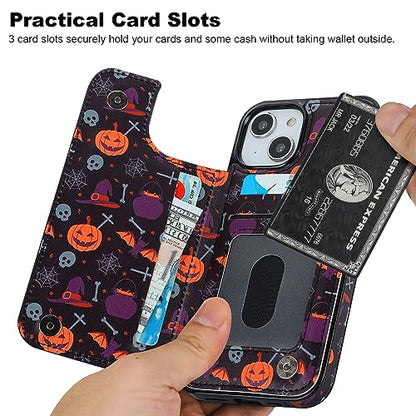 HAOPINSH for iPhone 13/14 Wallet Case with Card Holder, Halloween Pumpkin Pattern Back Flip Case PU Leather Kickstand Card Slots Case for Women Girls, Double Magnetic Clasp Shockproof Cover 6.1" - color: Halloween Pumpkin