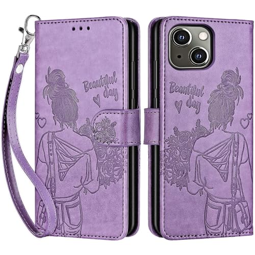 for iPhone 13/14 Wallet case, Purple-Girl | 3 Card Holders, Kickstand, Shockproof TPU Shell, PU Leather, Magnetic Closure, Protective Flip Folio Cover, Women - color: 2