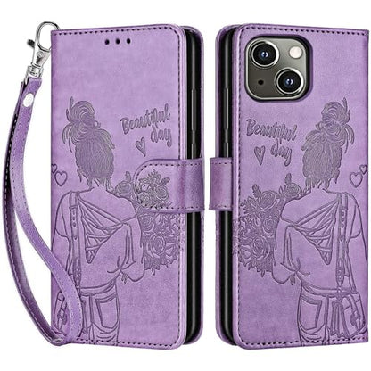 for iPhone 13/14 Wallet case, Purple-Girl | 3 Card Holders, Kickstand, Shockproof TPU Shell, PU Leather, Magnetic Closure, Protective Flip Folio Cover, Women - color: 2