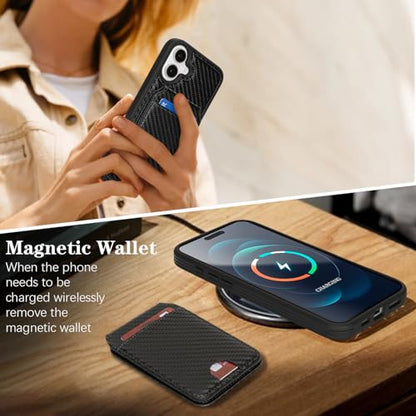 Ｈａｖａｙａ Carbon Fiber Wallet Case for iPhone 16 - Black | Carbon fiber, detachable wallet, 5-card slots & kickstand, MagSafe 15W fast charge, raised bezels - color: Black