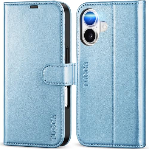 TUCCH Wallet Case for iPhone 17 6.3" 2025, 4 Card Slots, Pearly Light Blue | RFID Blocking, Viewing Stand, Shockproof TPU Shell, PU Leather, Magnetic Closure, Protective Folio Flip Cover - color: Pearly Light Blue