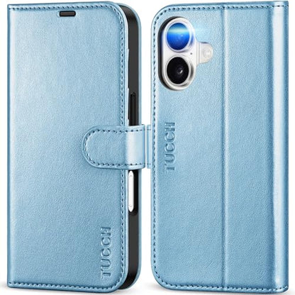 TUCCH Wallet Case for iPhone 17 6.3" 2025, 4 Card Slots, Pearly Light Blue | RFID Blocking, Viewing Stand, Shockproof TPU Shell, PU Leather, Magnetic Closure, Protective Folio Flip Cover - color: Pearly Light Blue