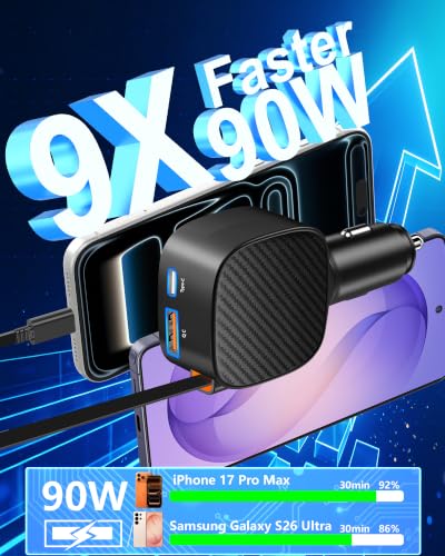 Apple MFi Certified 90W Retractable Car Charger USB C，iPhone 18 Car Charger - size: 2.7FT
