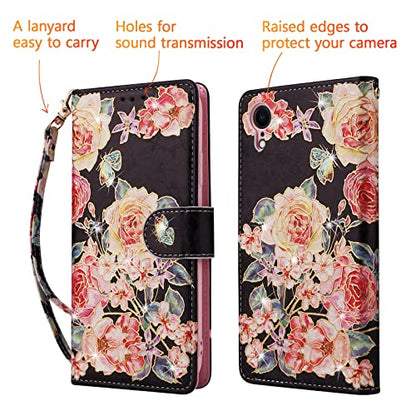 UEEBAI Wallet Case for iPhone XR, PU Leather Phone Case Kickstand RFID Blocking Flip Case with Card Slots Wrist Strap Relief Engraved Pattern Magnetic Closure Folio Case - Black Rose - color: Black Rose