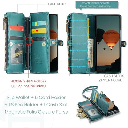 Defencase for Samsung Galaxy Z Fold 4 Wallet Case with Card Holder, Green | Durable Soft PU Leather, RFID Blcking Zipper Pocket, with S-Pen Holder & Strap, Flip Phone Cases with Stand for Women Men - color: Blue Green