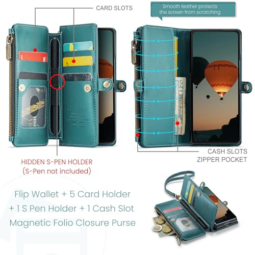 Defencase for Samsung Galaxy Z Fold 6 Wallet Case with Card Holder, Green | Durable Soft PU Leather, RFID Blcking Zipper Pocket, with S-Pen Holder & Strap, Flip Phone Cases with Stand for Women Men - color: Blue Green