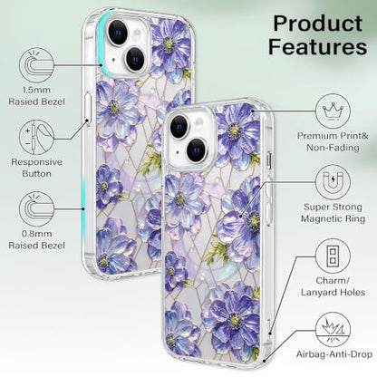 for iPhone 13 Mini 5.4" Magnetic Case【Compatible with MagSafe】 Aesthetic Oil Painting Stained Glass Flower Design, Slim Fit Hard PC Back Shockproof Cute Clear Phone Cover, Purple - color: Purple, size: iPhone 13 Mini