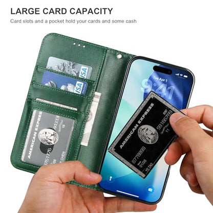 Bocasal Detachable Wallet Case Card Holder for iPhone 17 Pro Max Green | RFID Blocking Kickstand Card Slots Holder PU Leather Magnetic Shockproof Wrist Strap Removable Flip Protective Cover 6.9 inch - color: Green