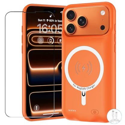 Battery Case for iPhone 17 Pro, 10000mAh Pack Rechargeable Charger Case Support Carplay with Wireless Charging Compatible for iPhone 17 Pro (6.3 inch) External Battery Charging Cover (Orange) - size: iPhone 17 Pro-Orange